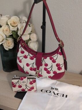 Coach Cherry Hamptons Hobo Leather Shoulder Bag And Wallet Matching Set